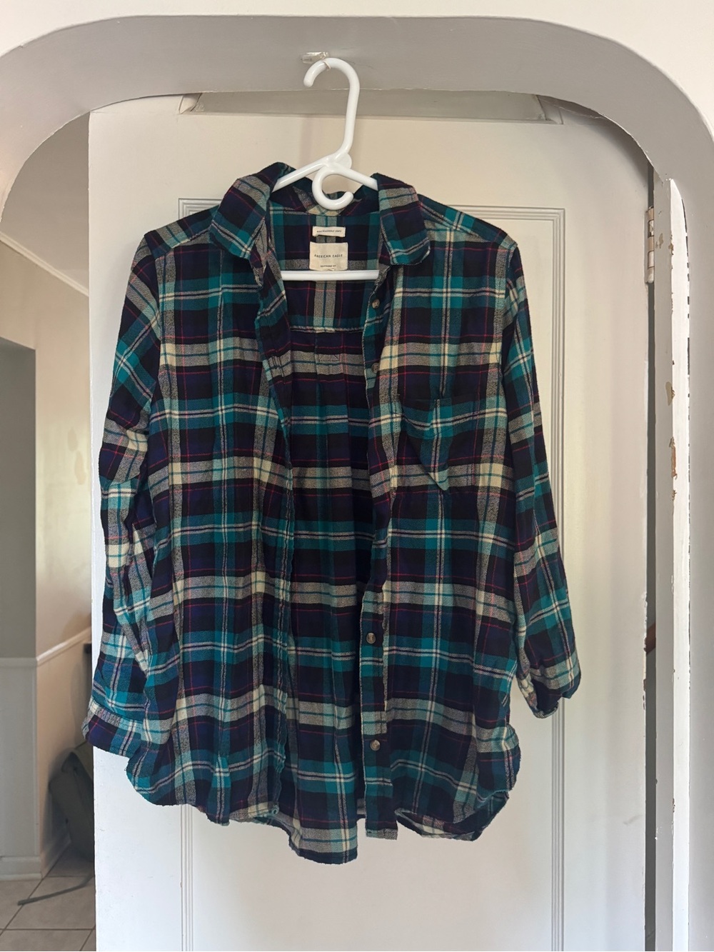 American Eagle Outfitters Plaid Shirt in Teal, Navy & Cream with Red Accent